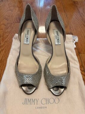 Jimmy Choo Metallic Silver Glitter Open-Toe Pumps